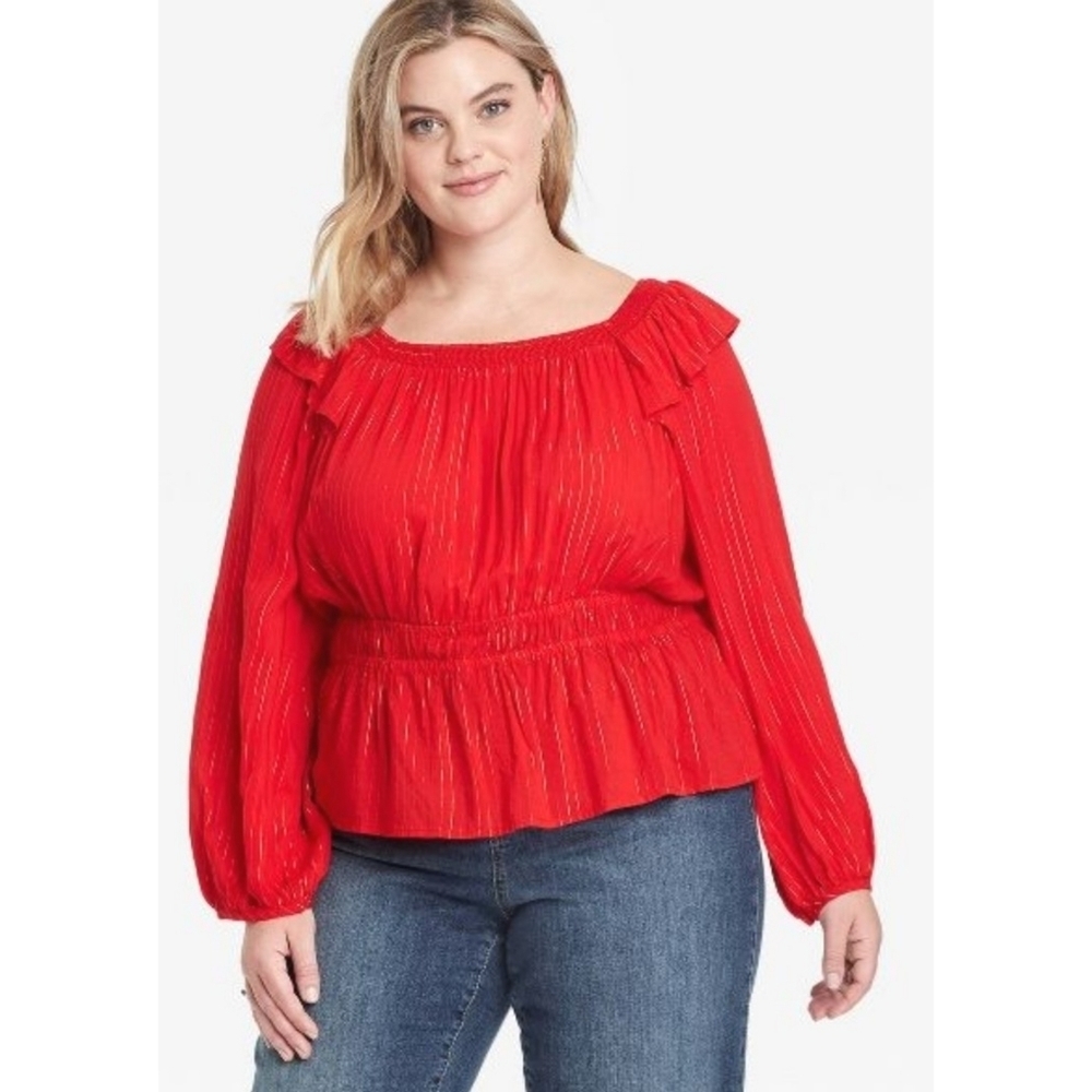 Universal Thread Balloon Long sleeve Peplum blouse Red With Gold thread Size XL
